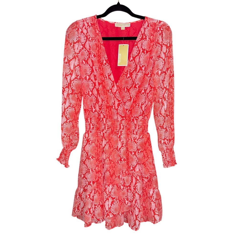NWT Michael kors sea coral long sleeved dress size small Snake printed Smocked - Picture 1 of 3